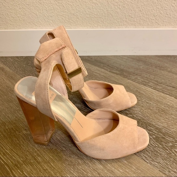 Dolce Vita Peach Nude Genuine Suede Leather Acrylic Clear Lucite Heel Sandals - Picture 10 of 12
